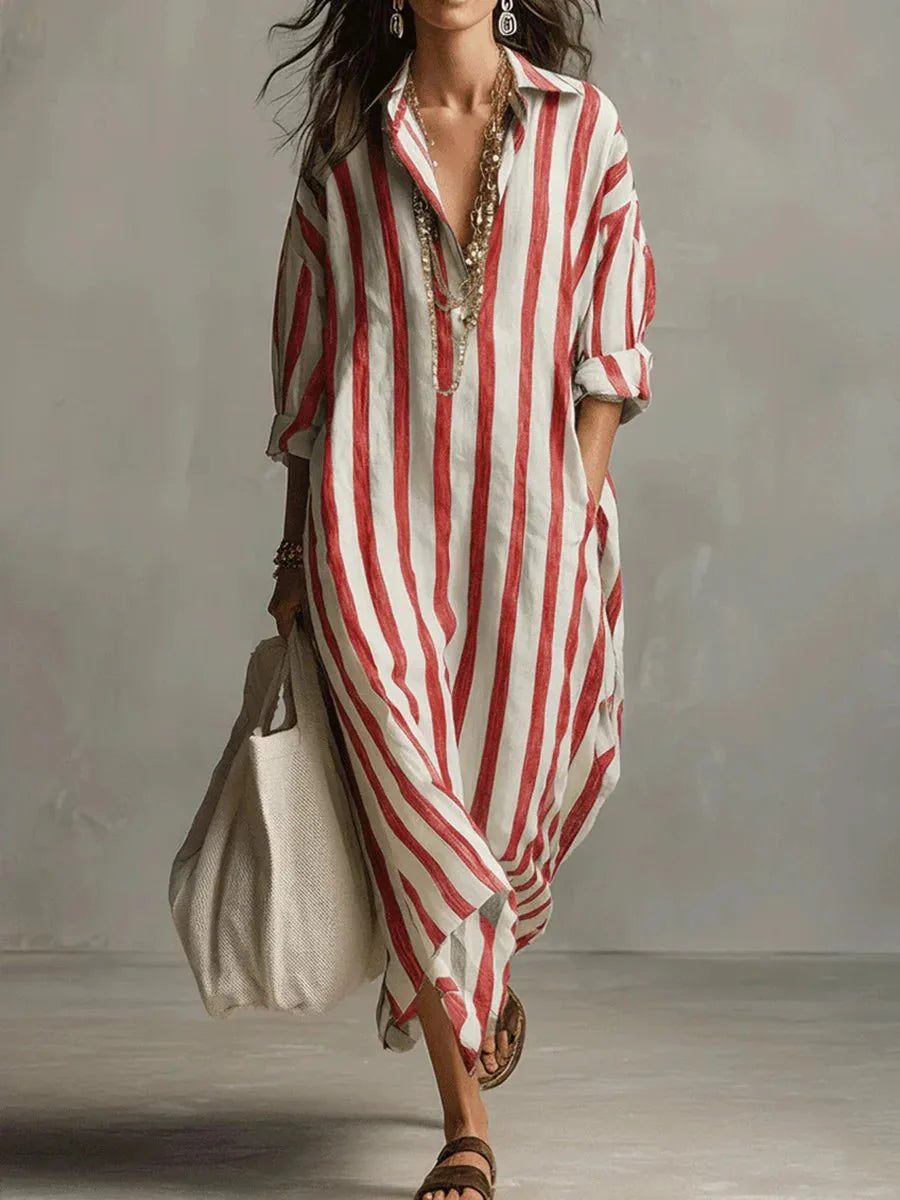 Robe chemise longue en lin à rayures coupe ample avec poches