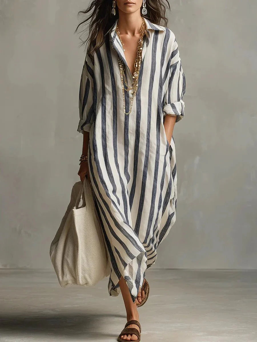 Robe chemise longue en lin à rayures coupe ample avec poches