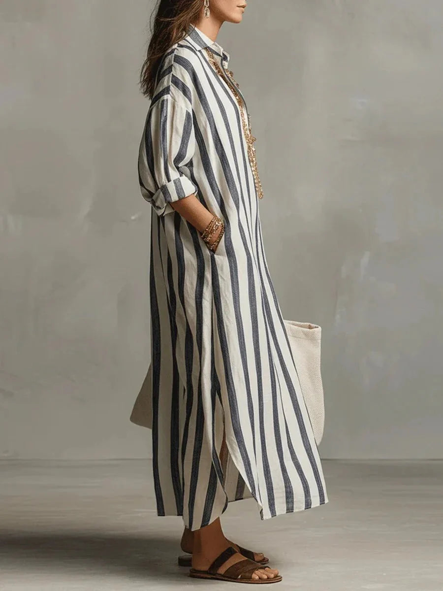 Robe chemise longue en lin à rayures coupe ample avec poches