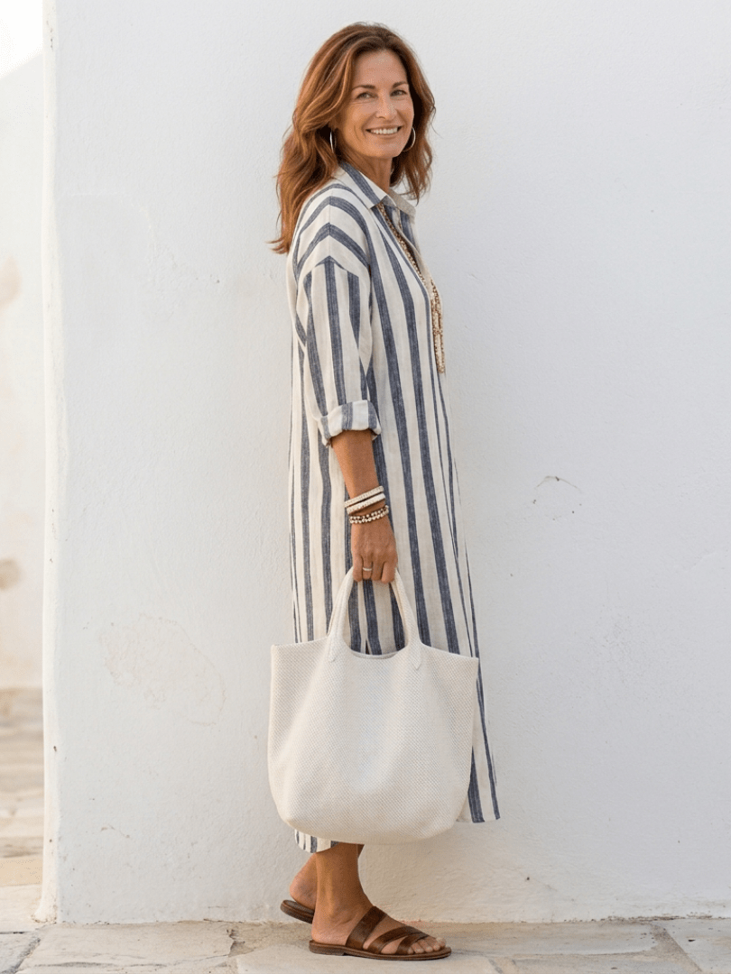 Robe chemise longue en lin à rayures coupe ample avec poches