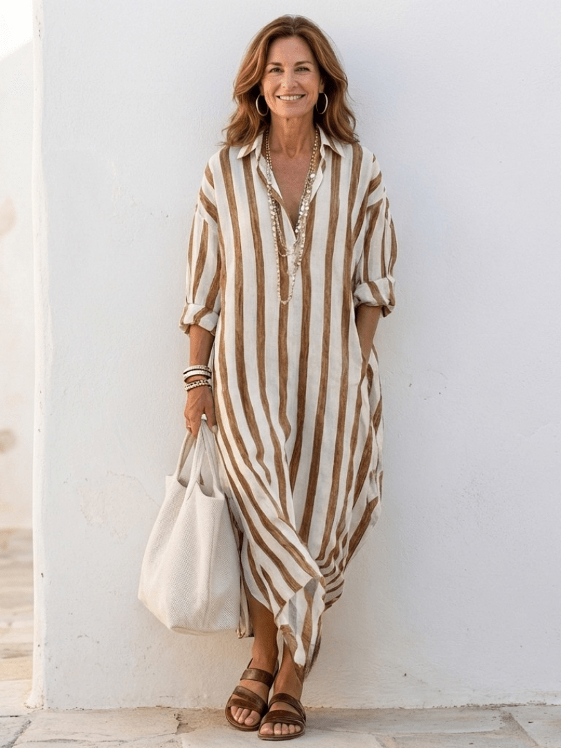 Robe chemise longue en lin à rayures coupe ample avec poches