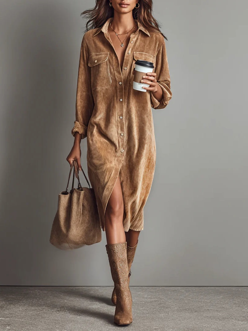 Robe chemise midi en velours côtelé 1