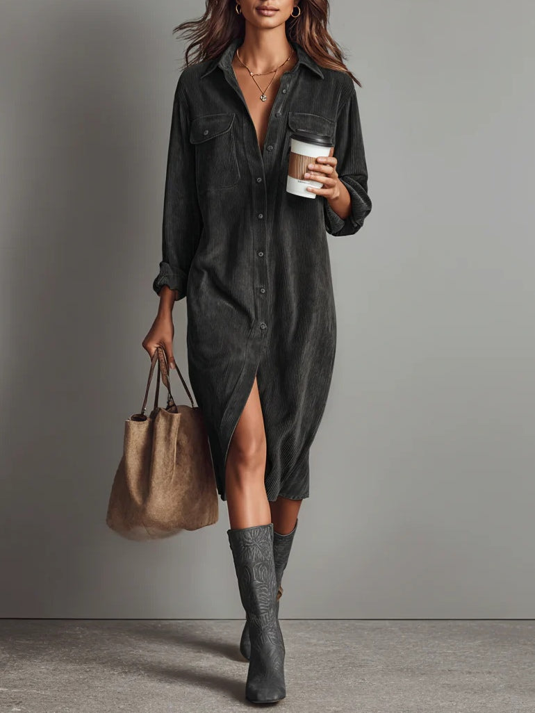 Robe chemise midi en velours côtelé 10