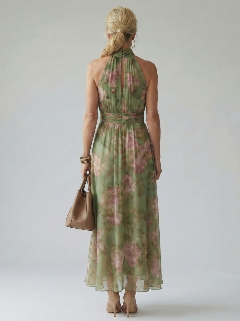 Robe longue florale sans manches à col montant et taille ceinturée