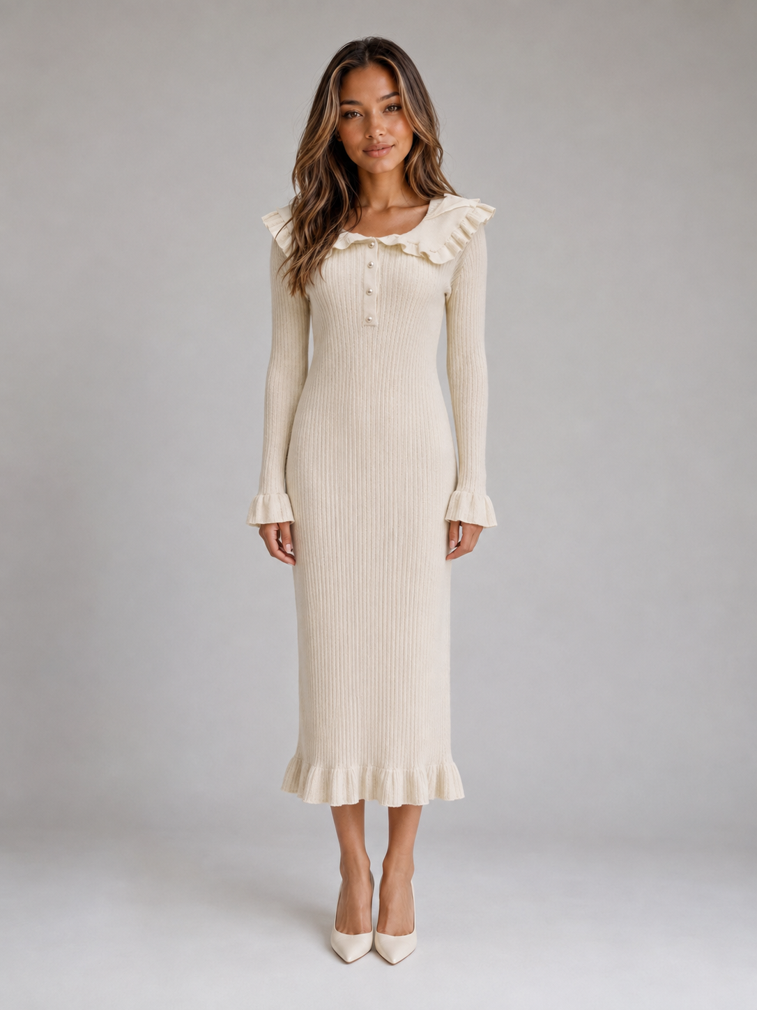 Robe moulante midi en maille côtelée à col volanté 3