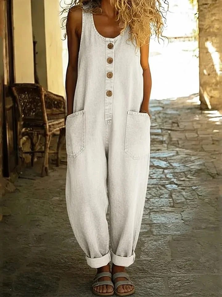 Salopette femme en coton et lin coupe ample à grandes poches