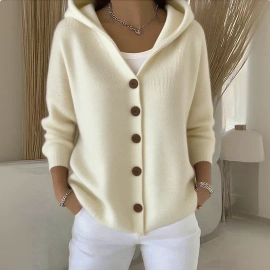 Sweat femme à capuche boutonné en maille manches longues 2