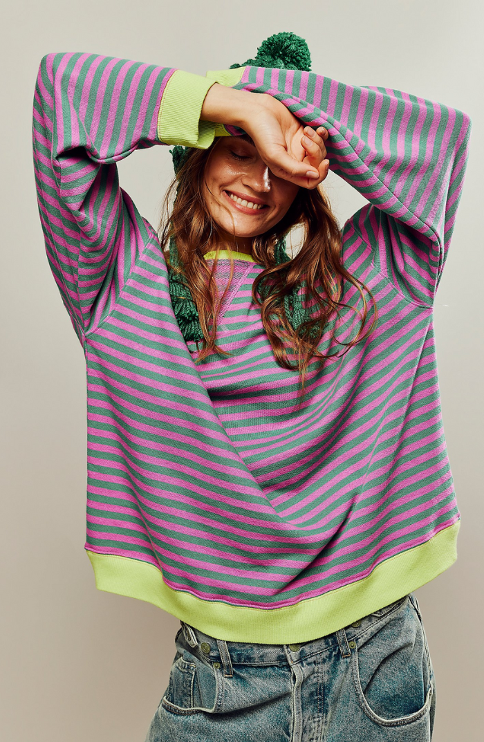 Sweat femme oversize à rayures col rond manches longues 1