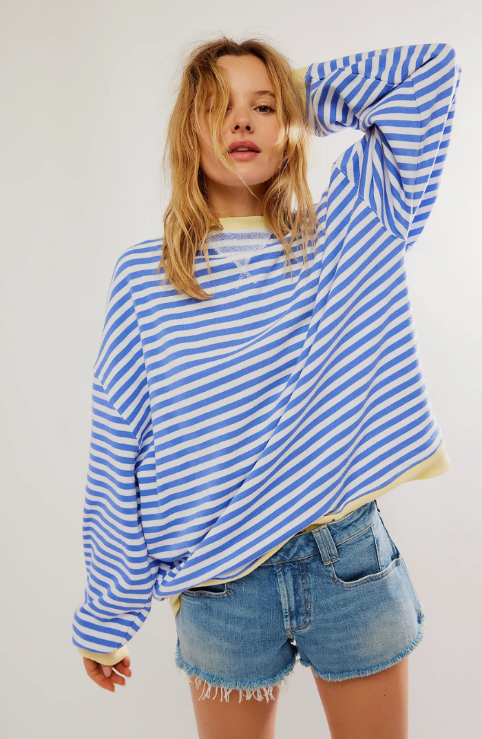 Sweat femme oversize à rayures col rond manches longues 2