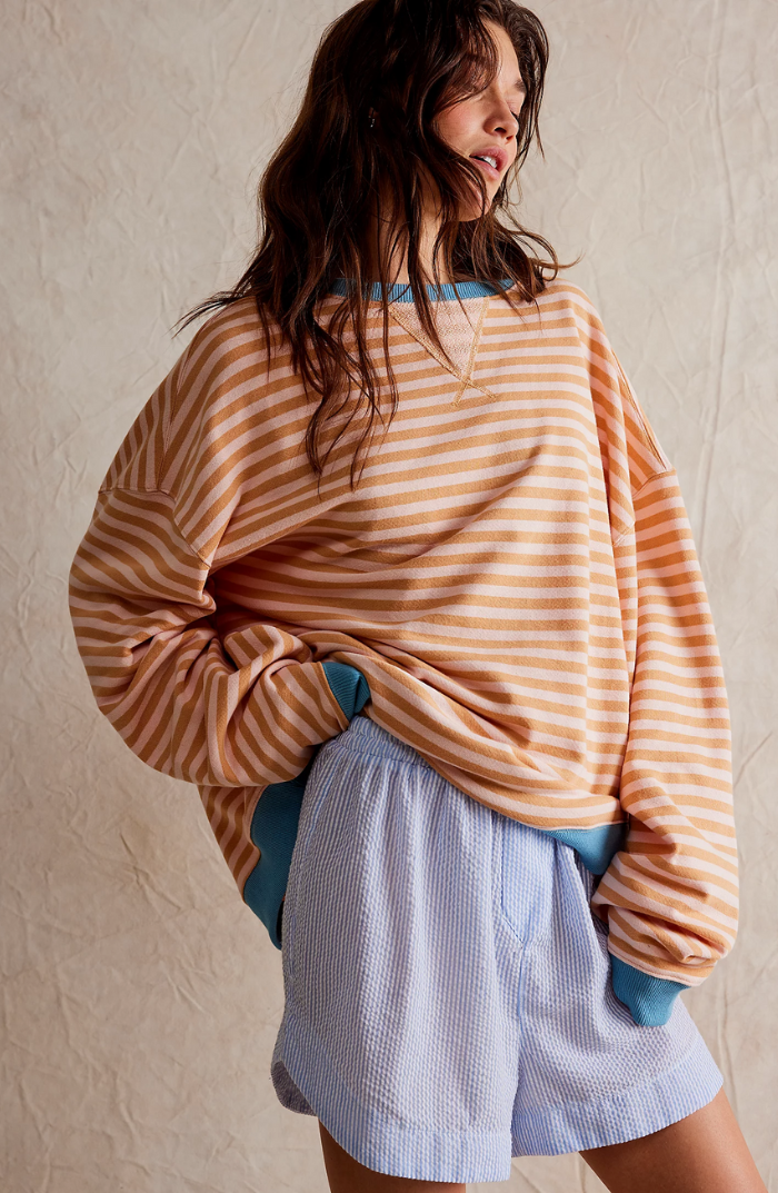 Sweat femme oversize à rayures col rond manches longues 3
