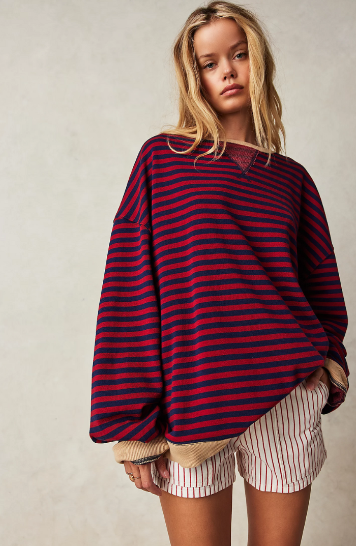 Sweat femme oversize à rayures col rond manches longues 4