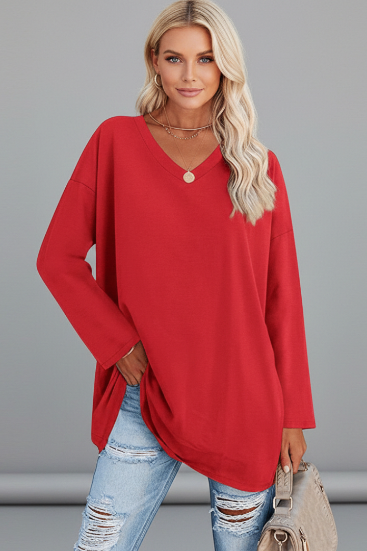 T-shirt manches longues femme à col en V, coupe ample et ourlet allongé 10