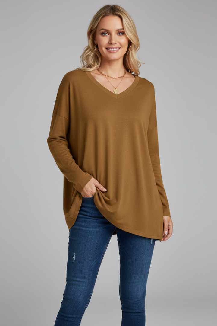 T-shirt manches longues femme à col en V, coupe ample et ourlet allongé 13