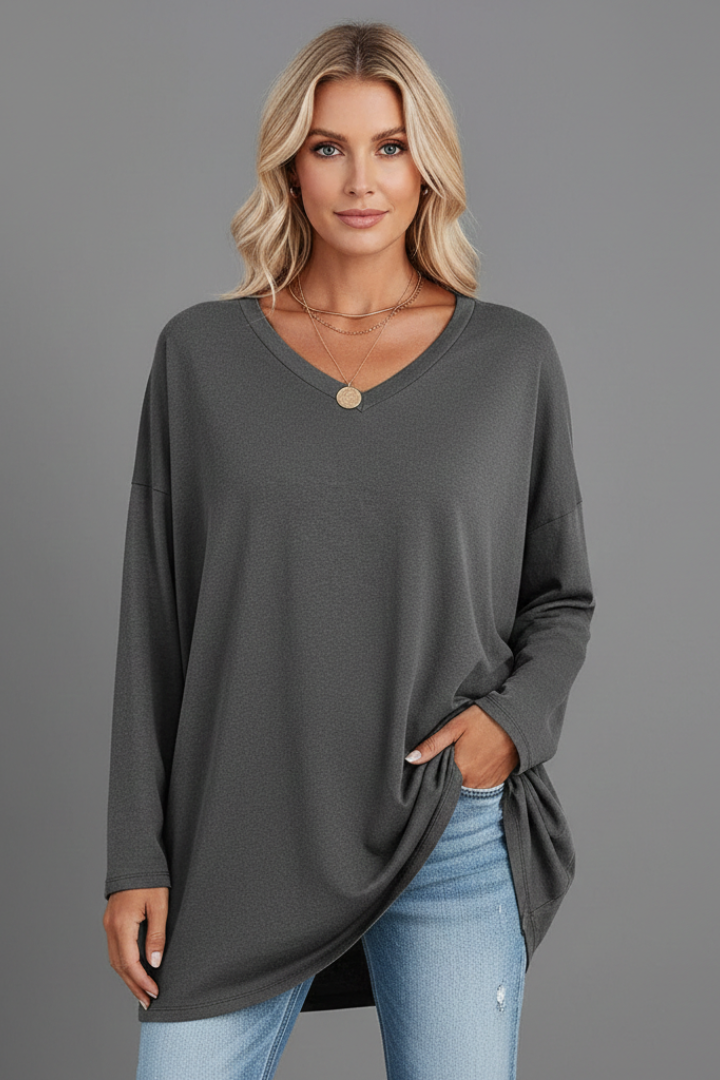 T-shirt manches longues femme à col en V, coupe ample et ourlet allongé 3