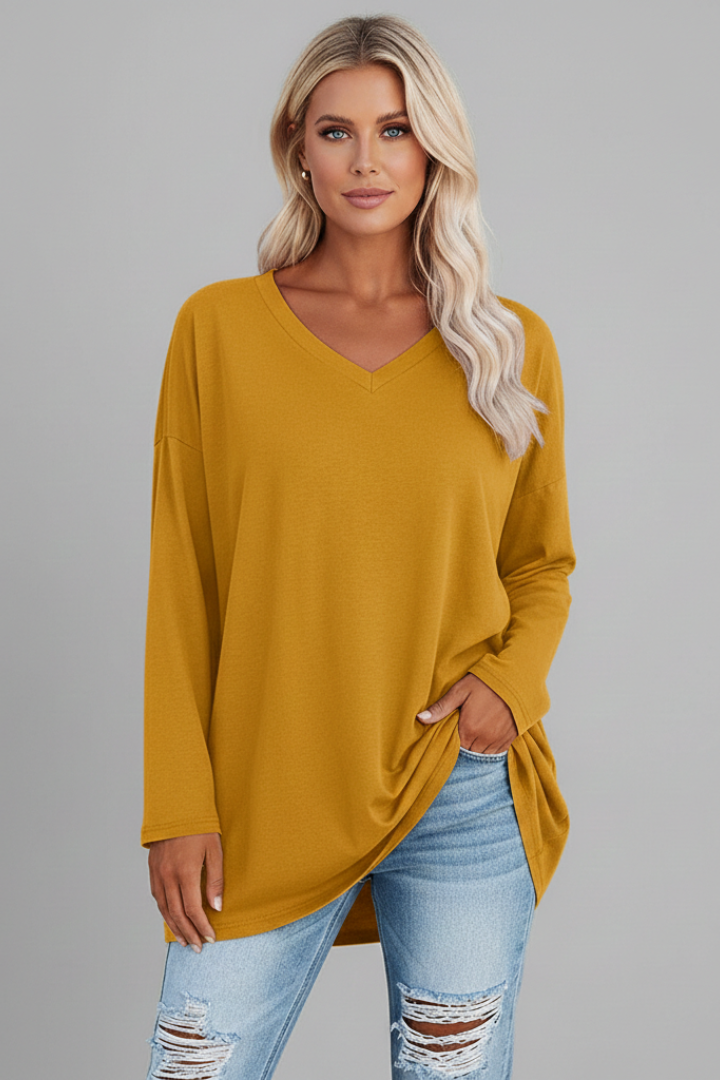 T-shirt manches longues femme à col en V, coupe ample et ourlet allongé 4
