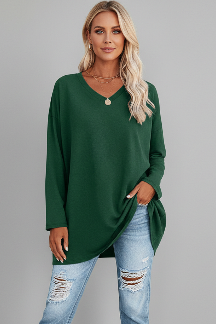 T-shirt manches longues femme à col en V, coupe ample et ourlet allongé 5