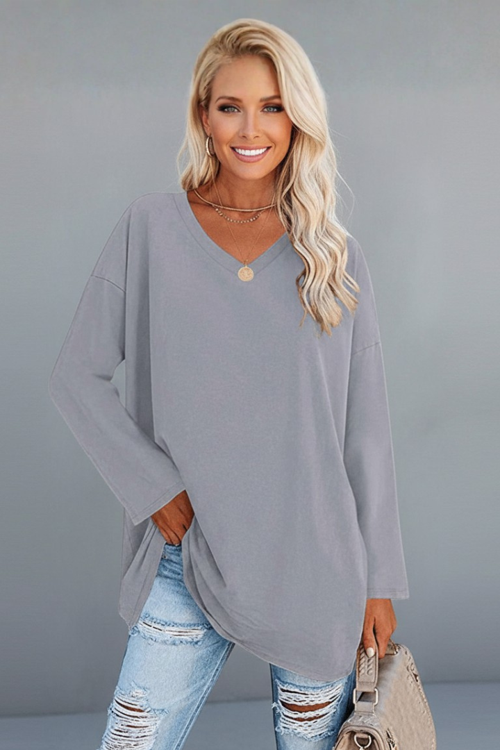 T-shirt manches longues femme à col en V, coupe ample et ourlet allongé 6