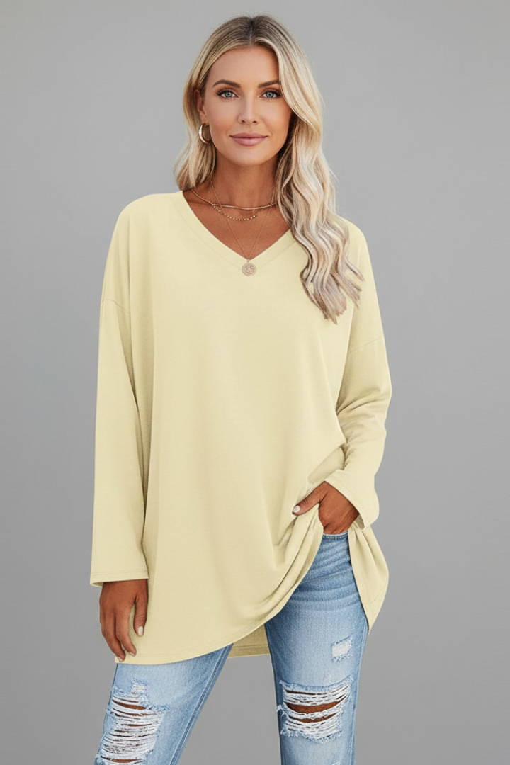 T-shirt manches longues femme à col en V, coupe ample et ourlet allongé 8