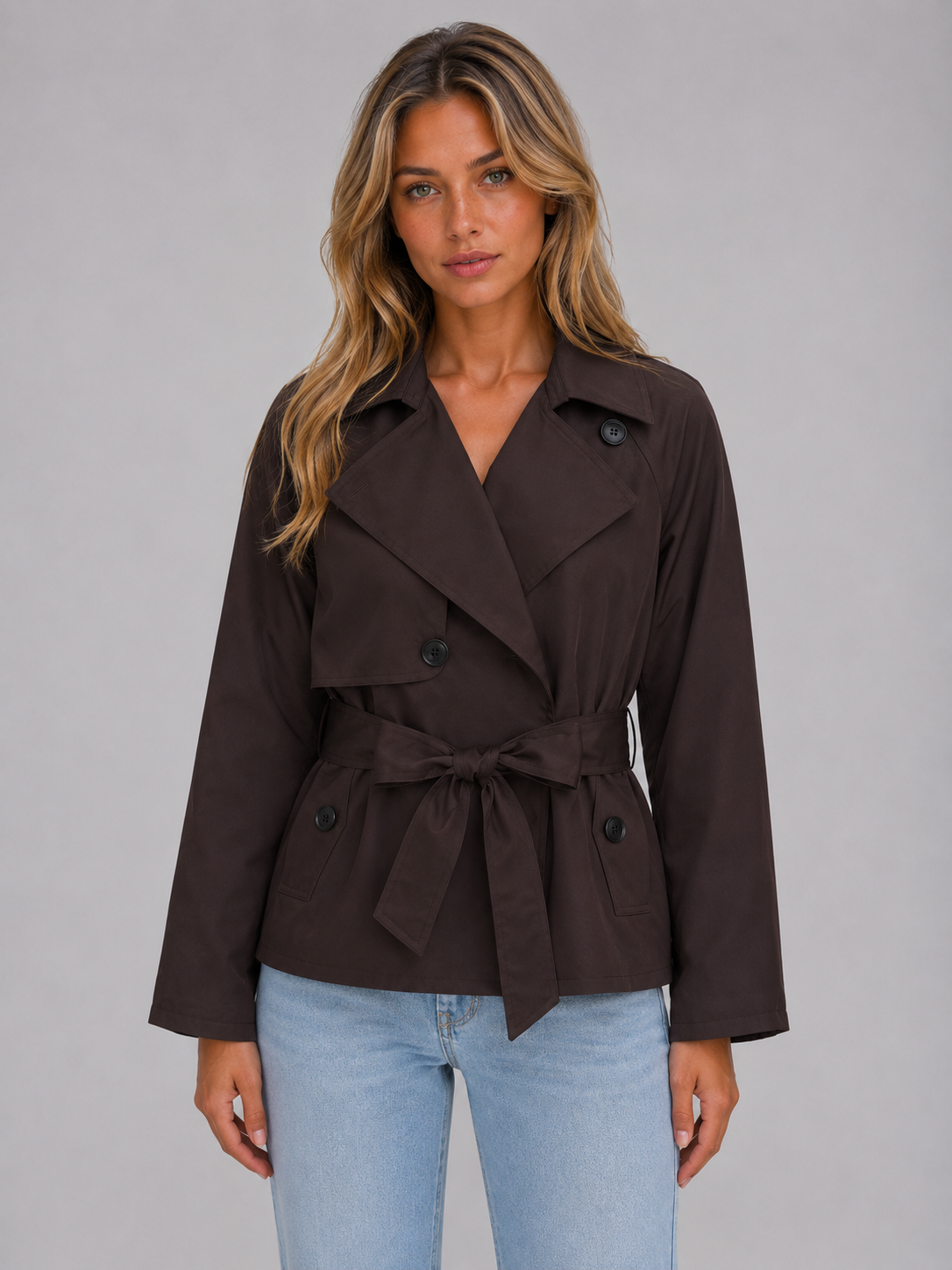 Trench court femme en gabardine ceinturé à double boutonnage 1