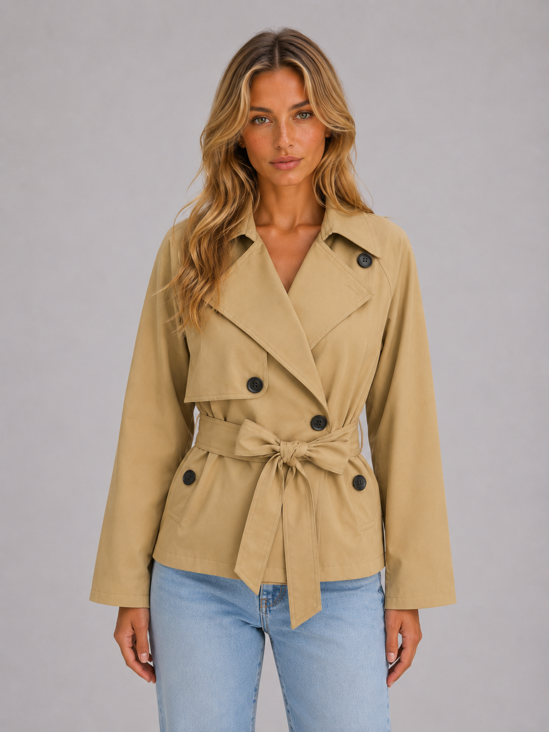 Trench court femme en gabardine ceinturé à double boutonnage 2