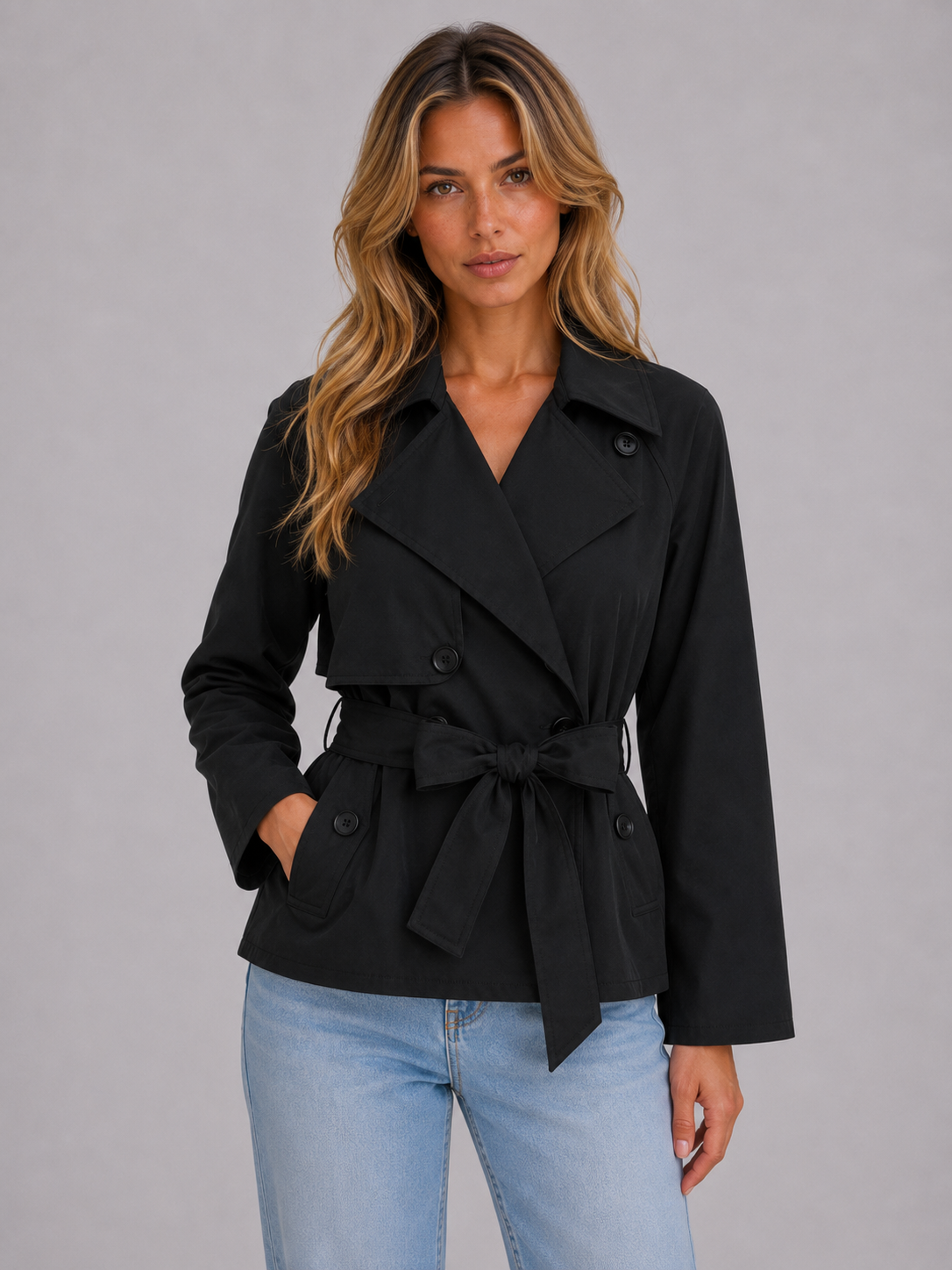 Trench court femme en gabardine ceinturé à double boutonnage 3
