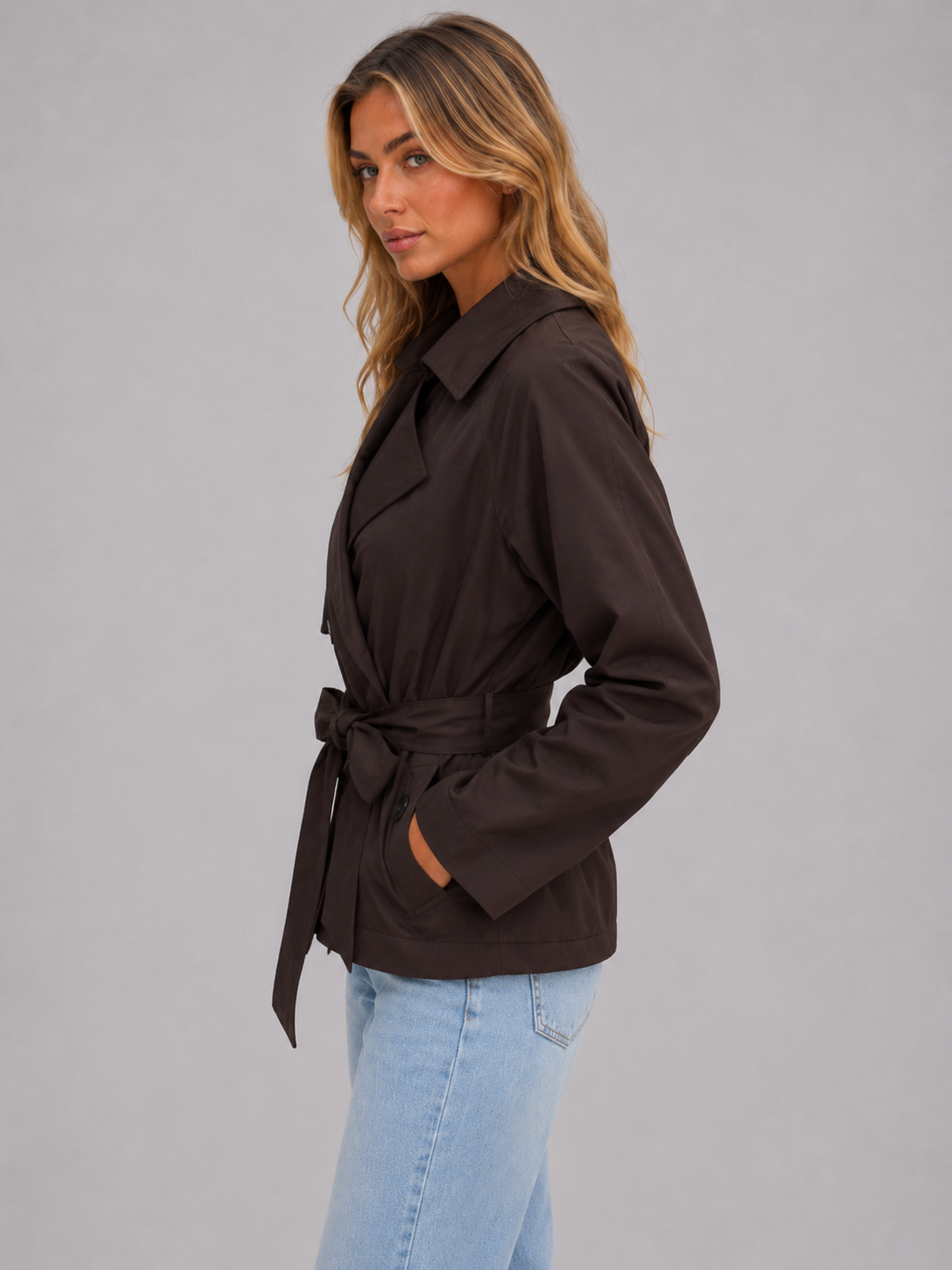 Trench court femme en gabardine ceinturé à double boutonnage 5