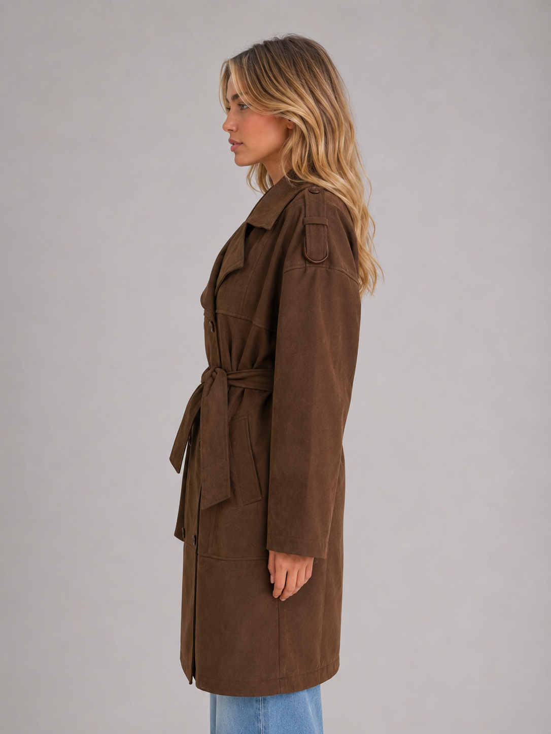 Trench femme long effet daim ceinturé à double boutonnage 3