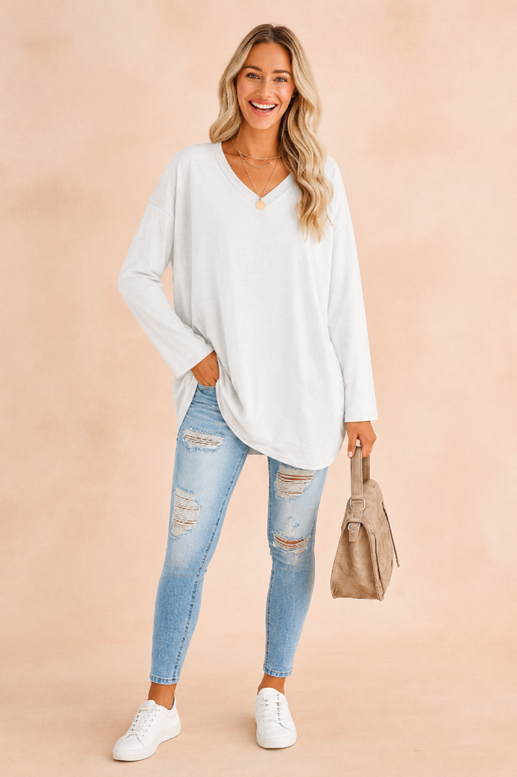 Tunique manches longues femme oversize à col rond et ourlet arrondi 10