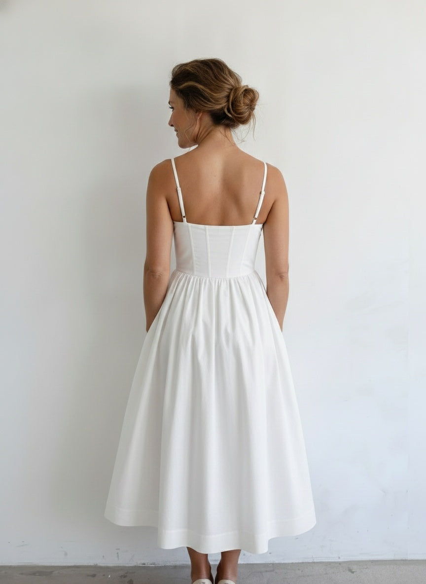 Back pose of the model wearing Robe d'été midi sans manches coupe A femme