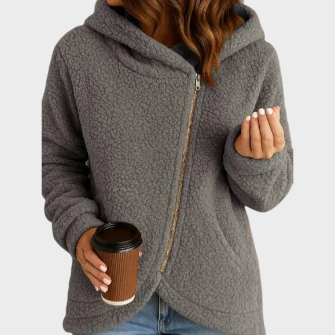 Veste à capuche en polaire teddy femme à zip asymétrique 1