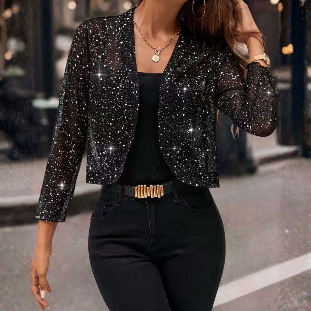 Veste à paillettes femme courte à col tailleur sans fermeture 2