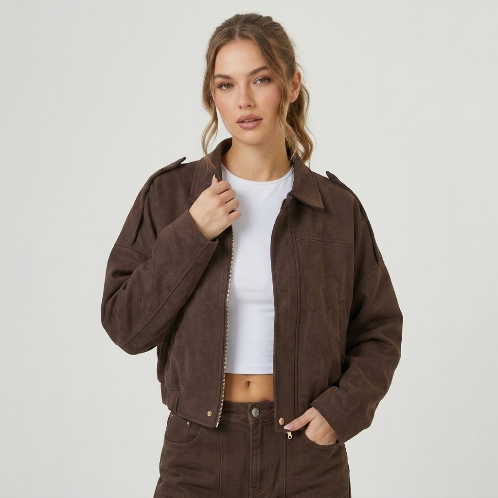 Veste bomber femme courte en suédine à col chemise zippée 1