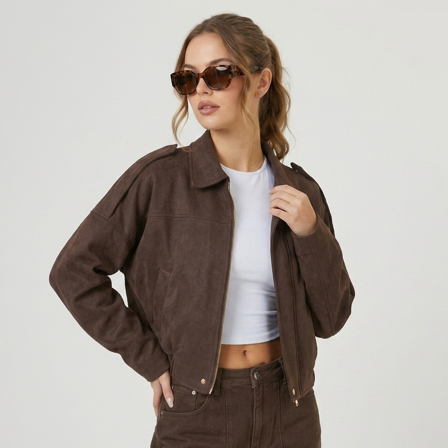 Veste bomber femme courte en suédine à col chemise zippée 10