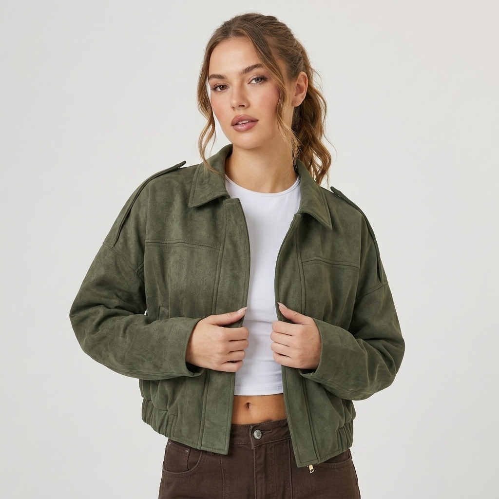 Veste bomber femme courte en suédine à col chemise zippée 5