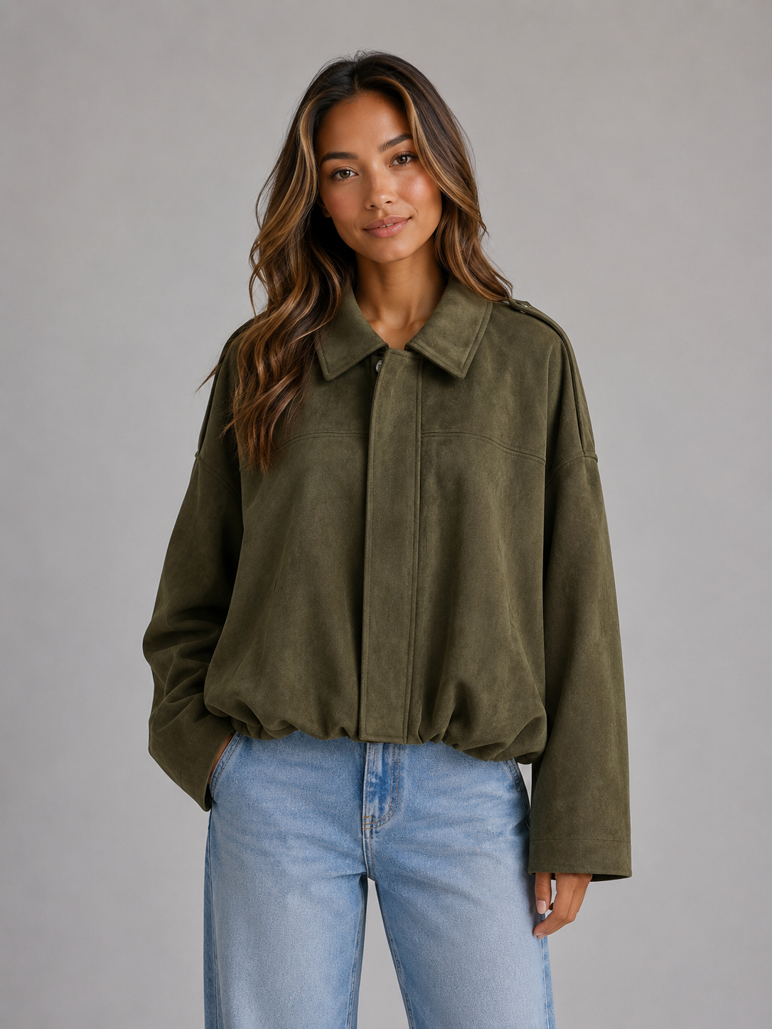 Veste bomber femme oversize effet daim à col chemise 1
