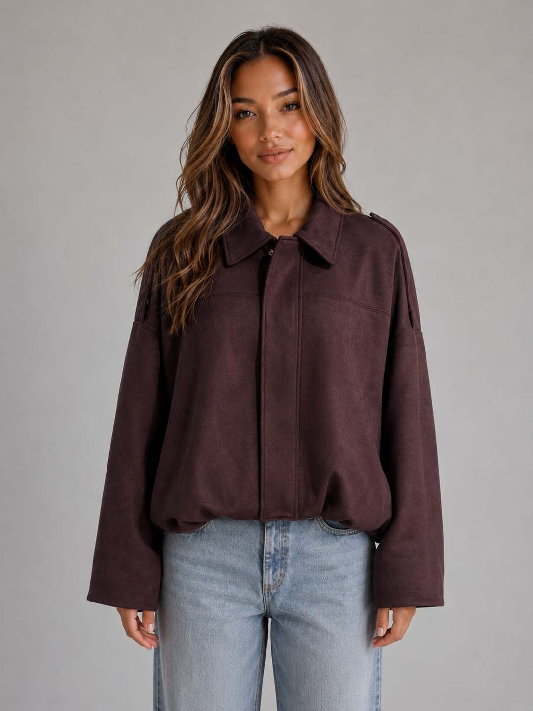 Veste bomber femme oversize effet daim à col chemise 2