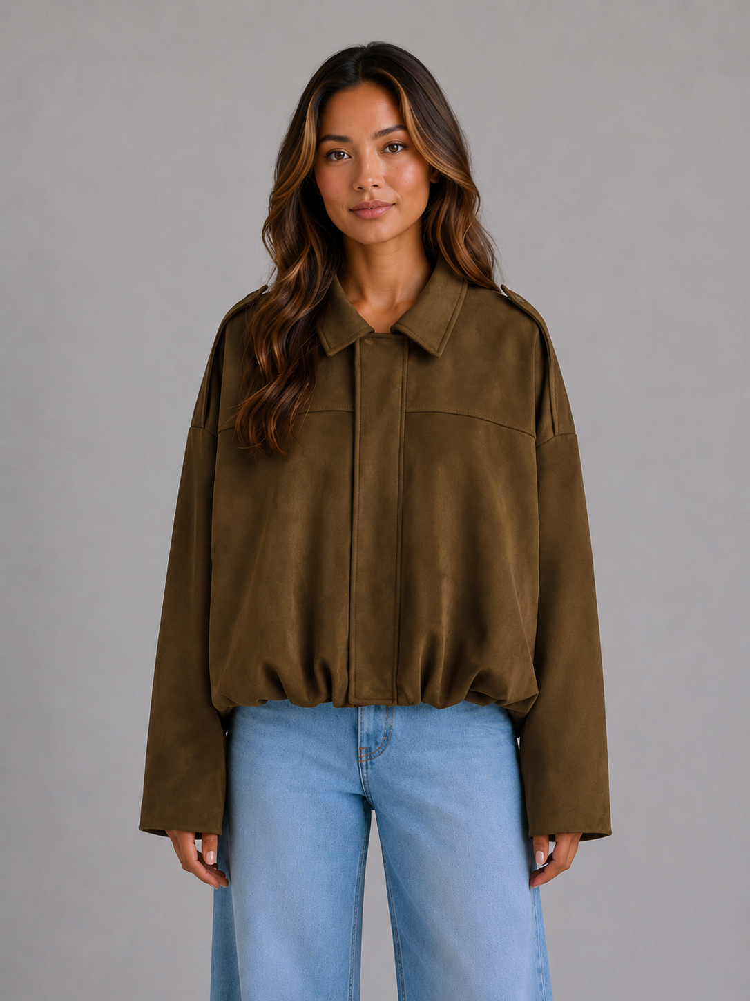 Veste bomber femme oversize effet daim à col chemise 3