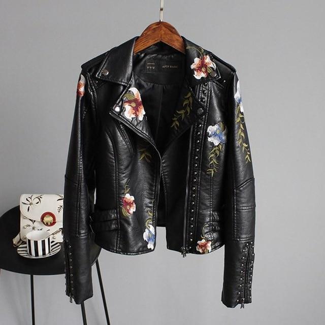 Veste courte femme en simili cuir à imprimé floral et manches longues 1