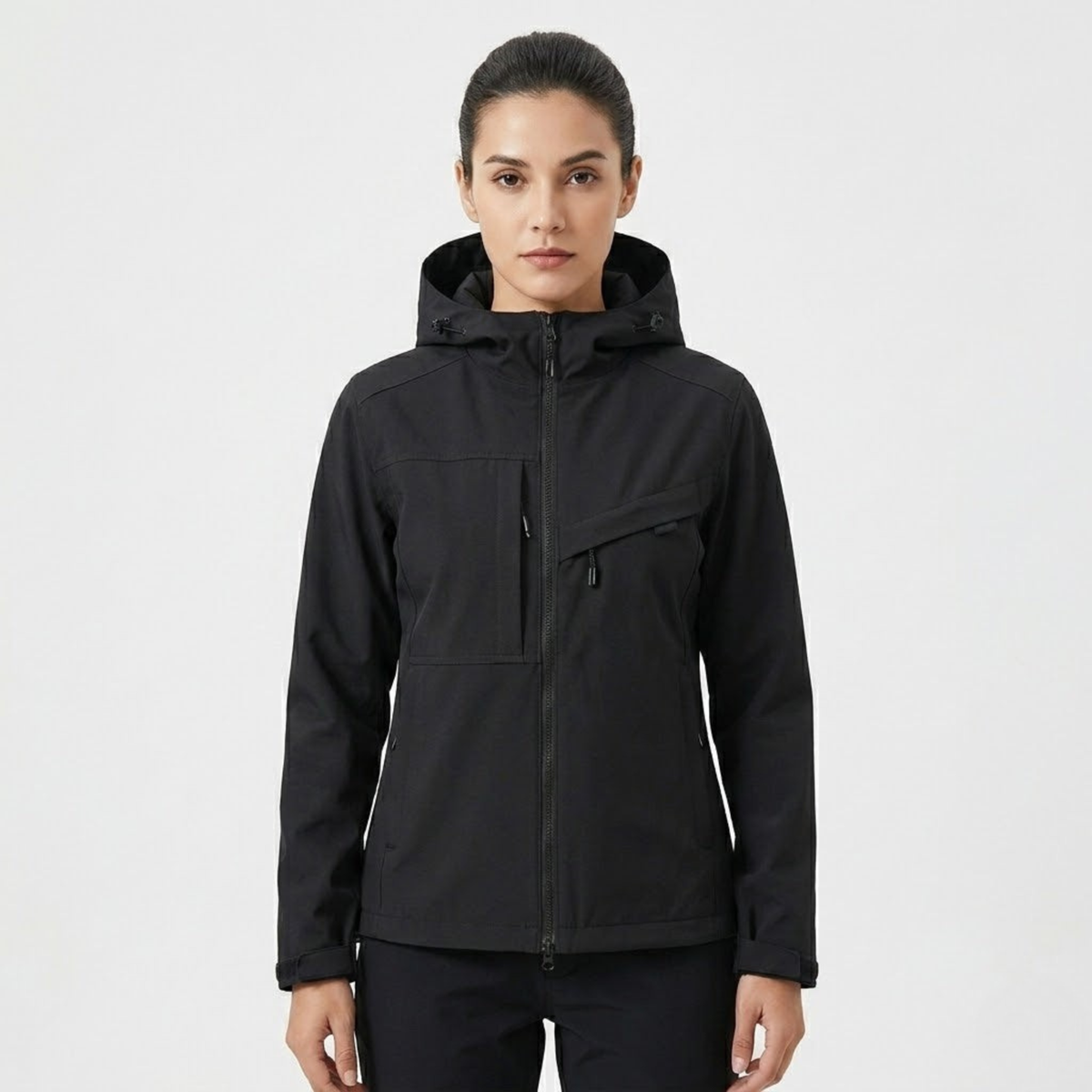 Veste de pluie imperméable femme à capuche, coutures étanchées et poches zippées 1