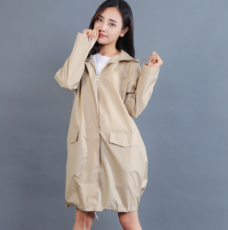 Veste de pluie imperméable femme coupe-vent mi-longue à capuche et boutons 3