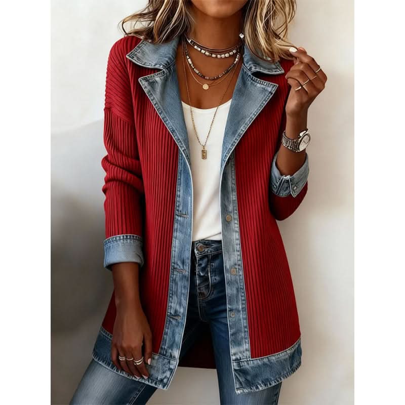 Veste en maille femme à bordure denim et col cranté 4