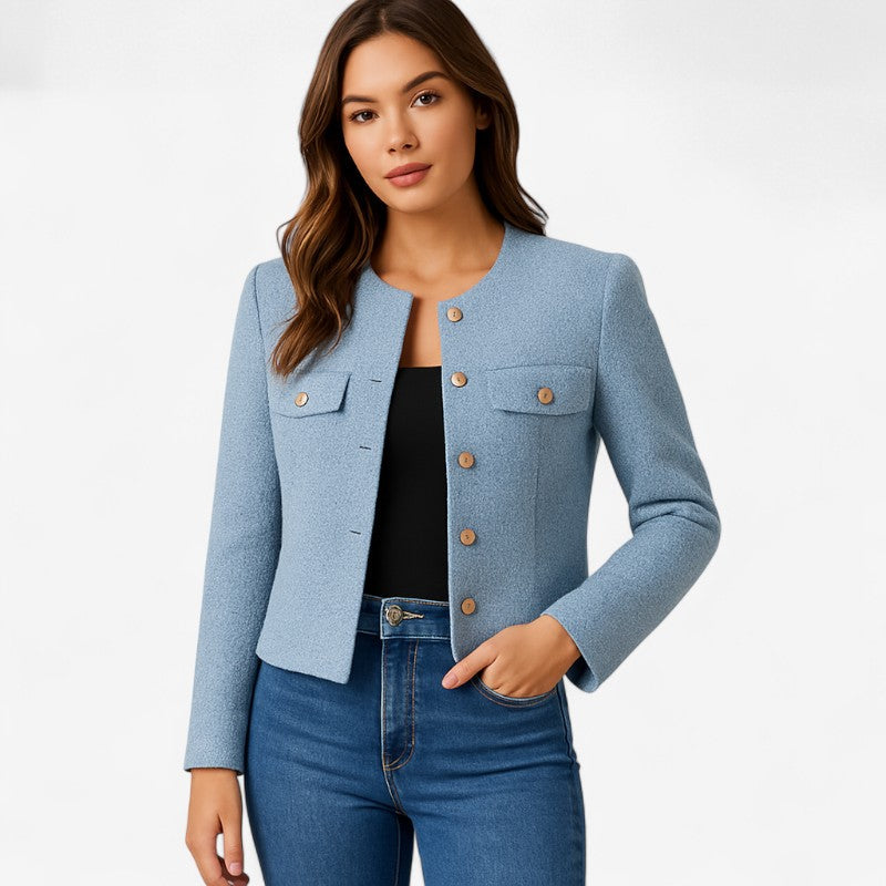 Veste femme courte en tweed à col rond et boutons dorés 1