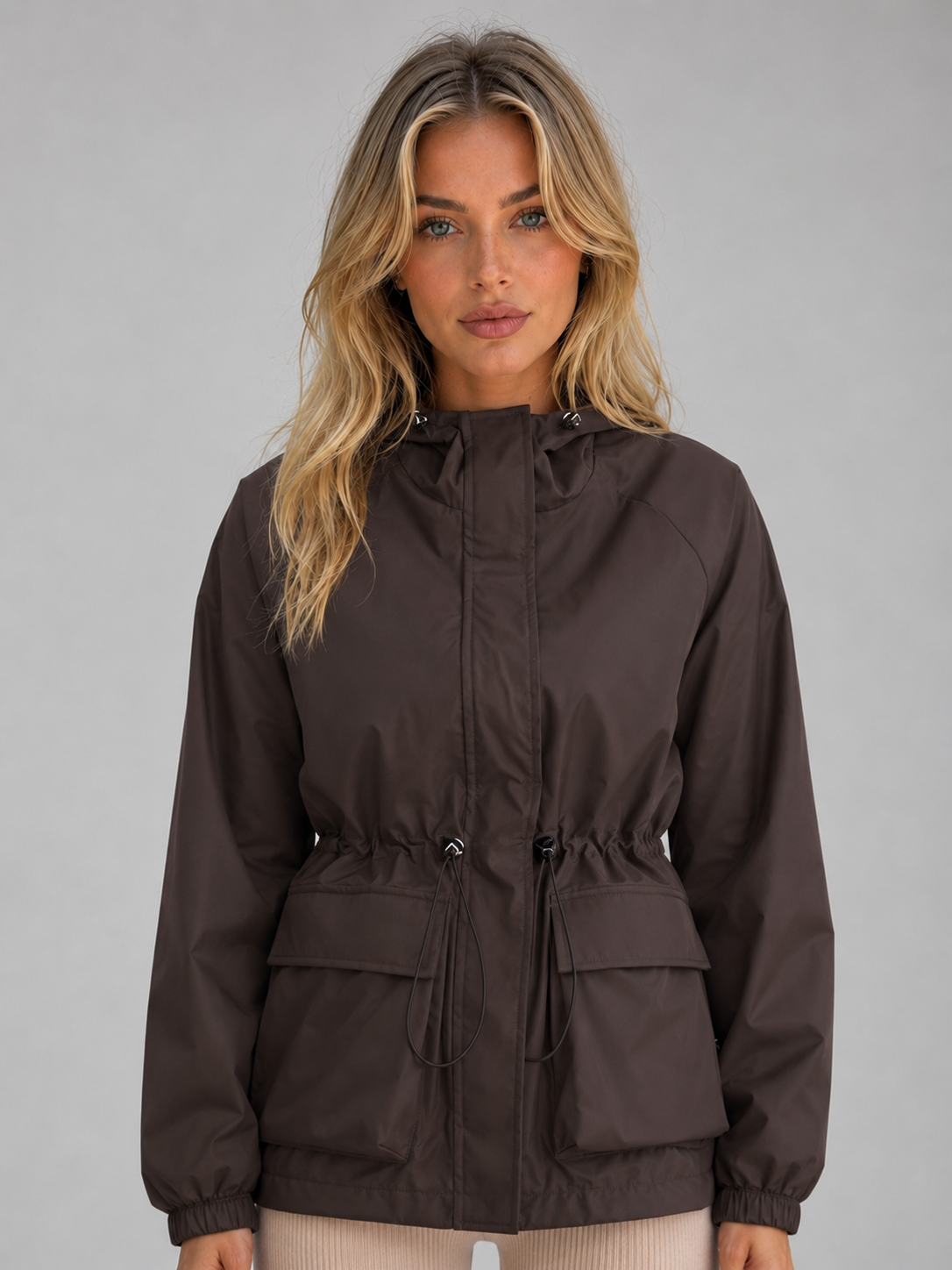 Veste imperméable femme à capuche coupe-vent courte à taille ajustable 1