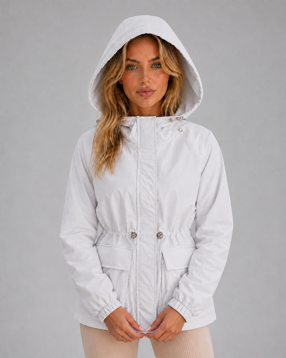 Veste imperméable femme à capuche coupe-vent courte à taille ajustable 4