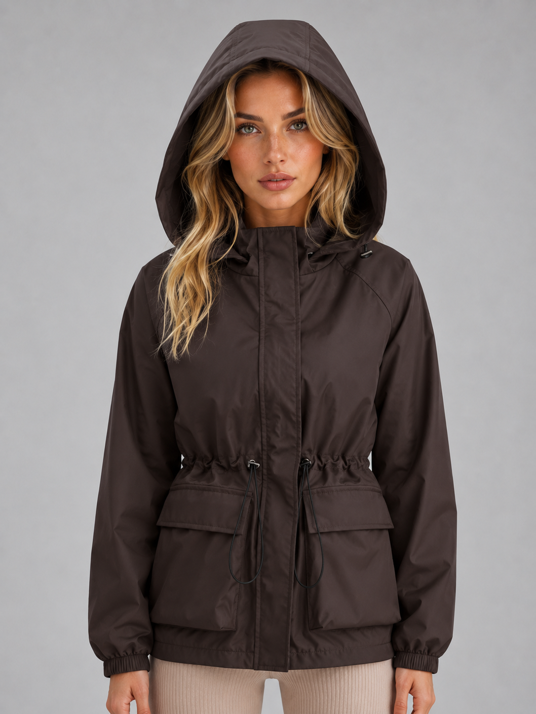 Veste imperméable femme à capuche coupe-vent courte à taille ajustable 6
