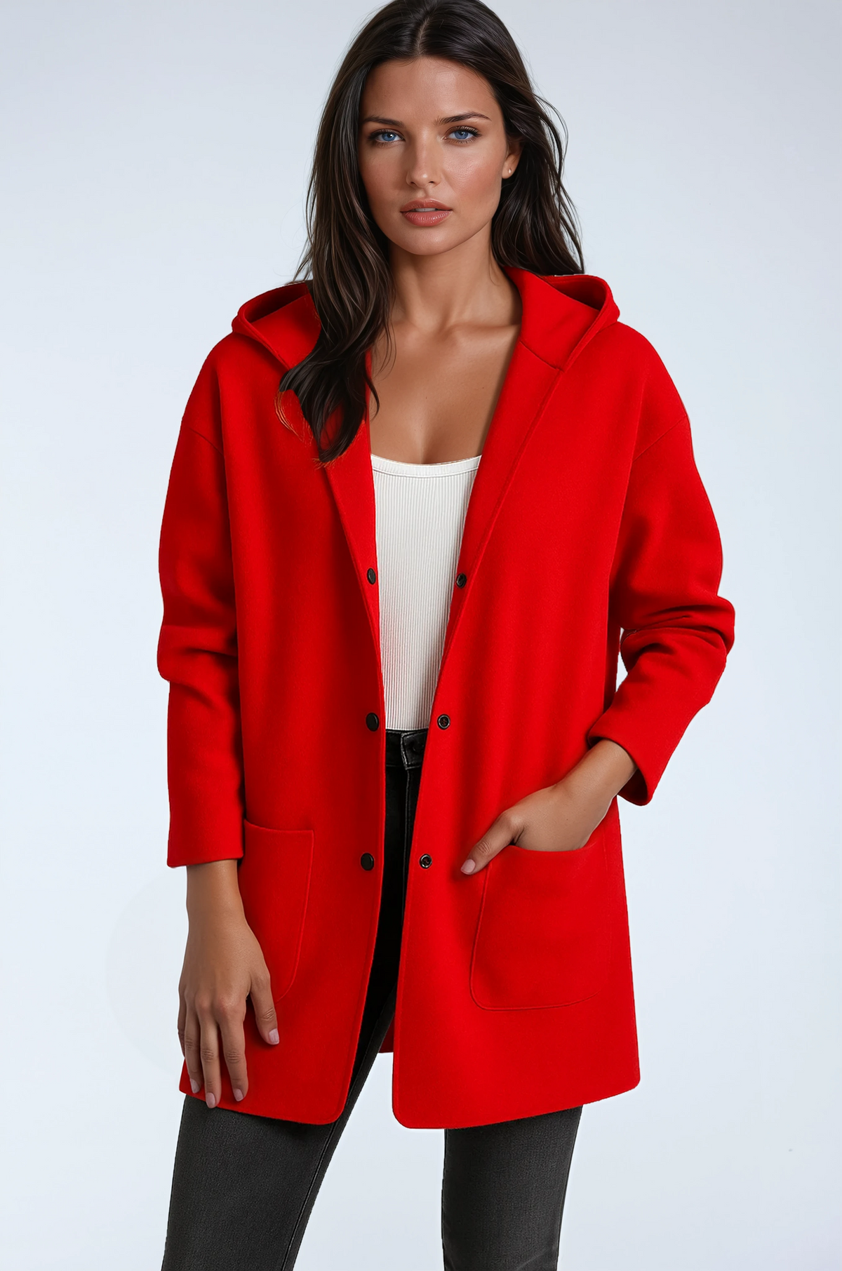 Veste mi-longue femme en laine mélangée à capuche et grandes poches 1