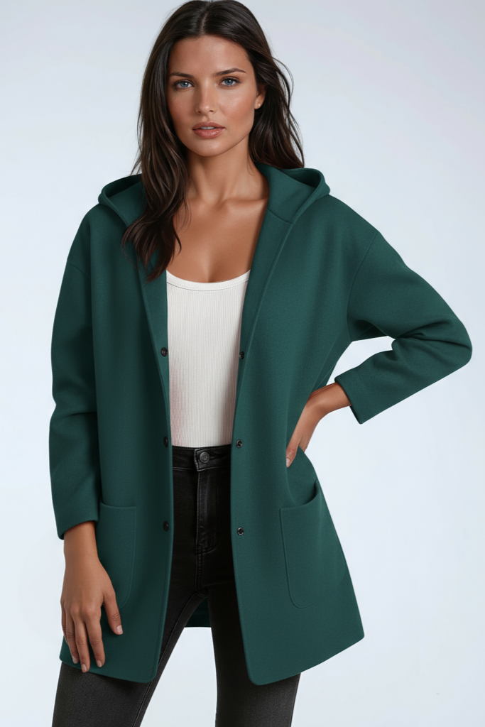 Veste mi-longue femme en laine mélangée à capuche et grandes poches 8