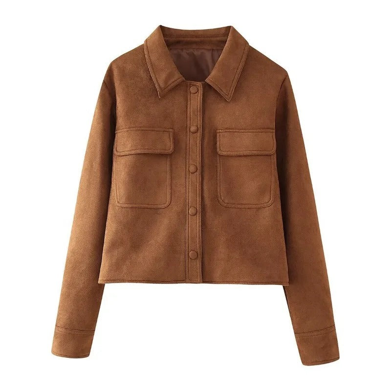 Veste mi-saison femme aspect daim à col chemise et poches poitrine plaquées 3