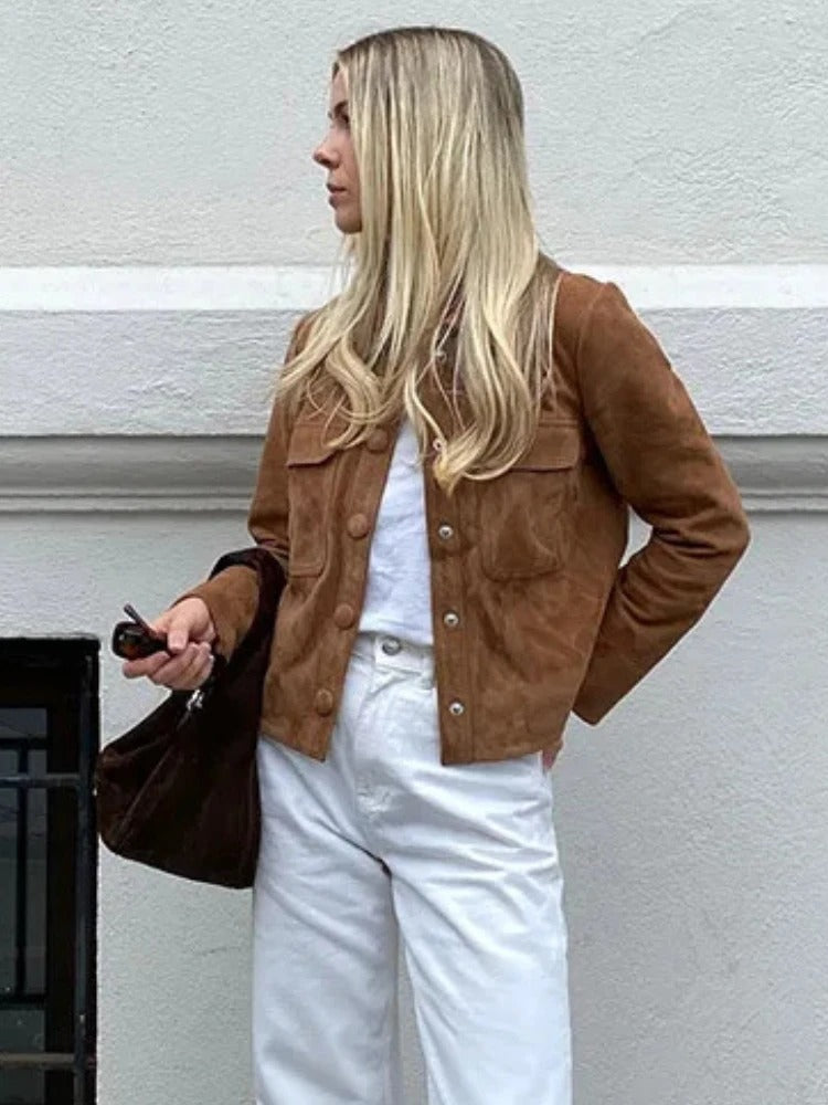 Veste mi-saison femme aspect daim à col chemise et poches poitrine plaquées 4