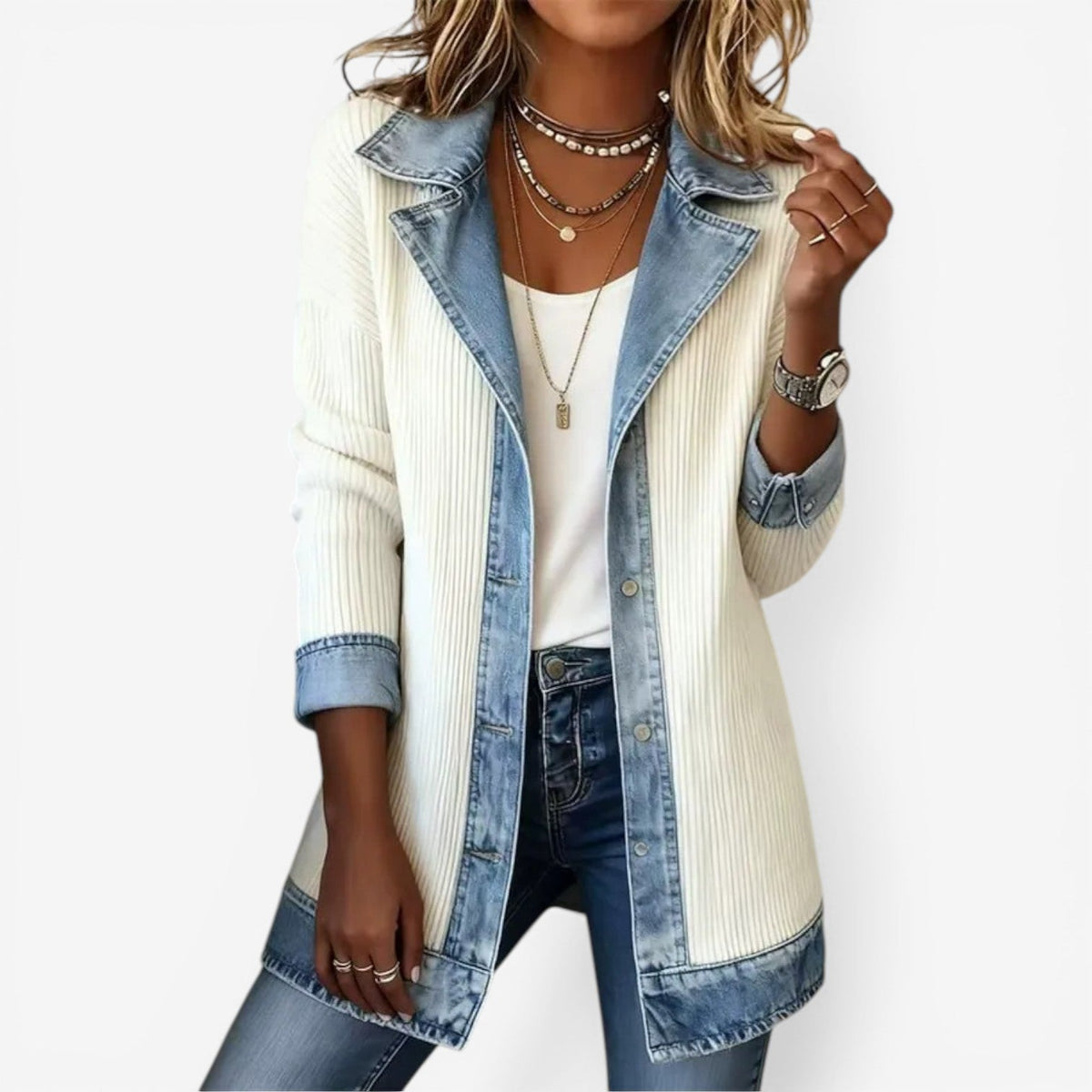 Veste mi-saison femme en maille effet denim coupe ample 1